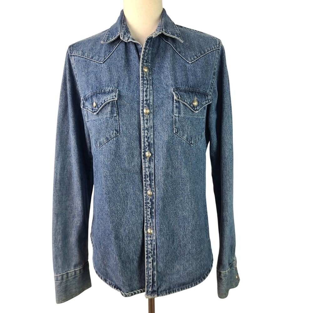 Back in the Saddle Blue Denim Snap Horse Buttons Western Long Sleeve Shirt L